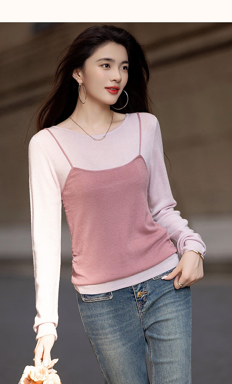 Dme [Raspberry Macaron] Spring And Autumn Girly Faux Two-Piece with Wool Sweater, Lightweight Knit Top for Young Wome 11