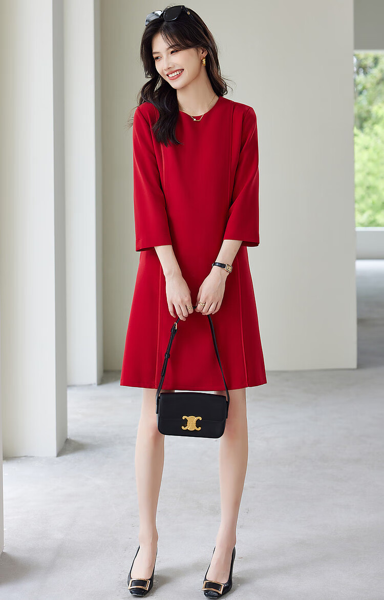 Dme [Modern Women] Spring And Autumn Commuter Round Neck Slim-Fit Three-Quarter Sleeve Elegant Midi Dress for Wome 8