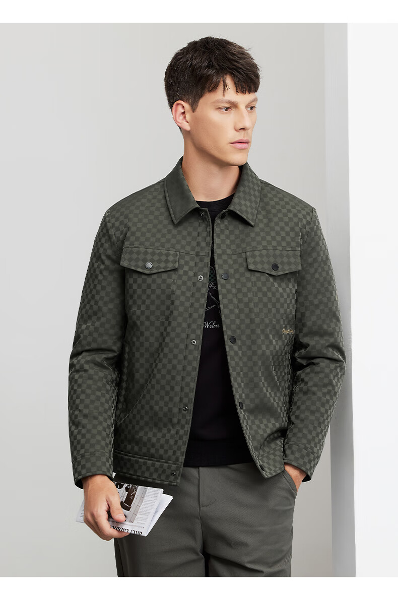 DANCING WOLVES [Lining Padded] Checkered Workwear Lapel Jacket, Warm Windproof Men's Coat, Army Green, Size 165 11