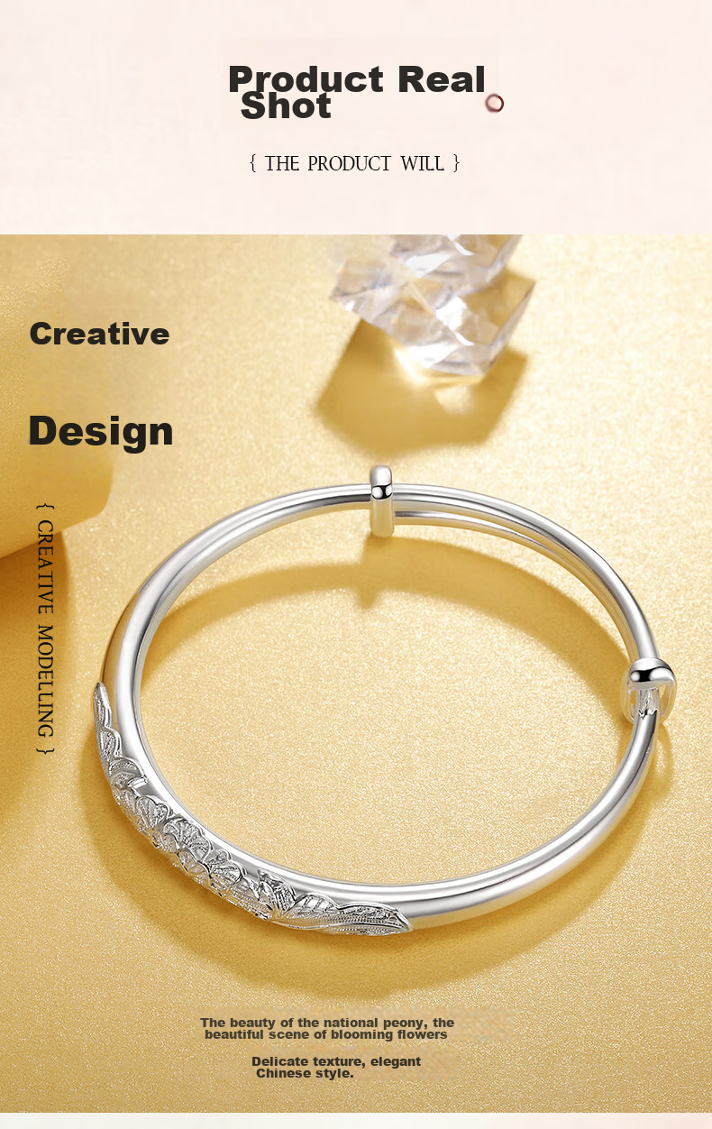 Sino Gem Sino Gem Mid-Autumn Festival Gift Peony Flower Silver Bracelet for Women, 999 Fine Silver Bangle, Gift for Girlfriend, Approximately 30g 9