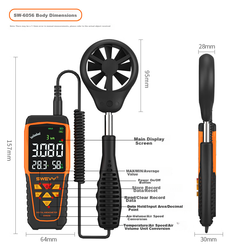 Suwei Anemometer Measures Wind Speed, High-Precision Handheld Air Flow Meter SW6016 20