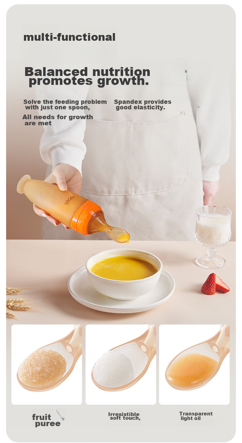Barbie Elephant Baby Rice Porridge Spoon And Bottle, Silicone Large Capacity Squeeze Feeding Soft Spoon, Baby Food Set Gift Box, Coffee Color 9