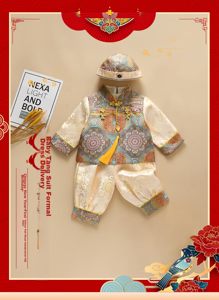 Luomeng First Birthday Outfit, Baby Boy Girl Outfit, Hundred Days Full Moon Birthday Tang Suit, New Chinese-Style Performance Costume, Red, L 2