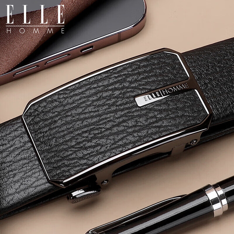 ELLE HOMME Men's Belt, Top-Grain Leather Automatic Buckle Waistband, Business Formal Trouser Belt, Birthday Gift for Boyfriend
