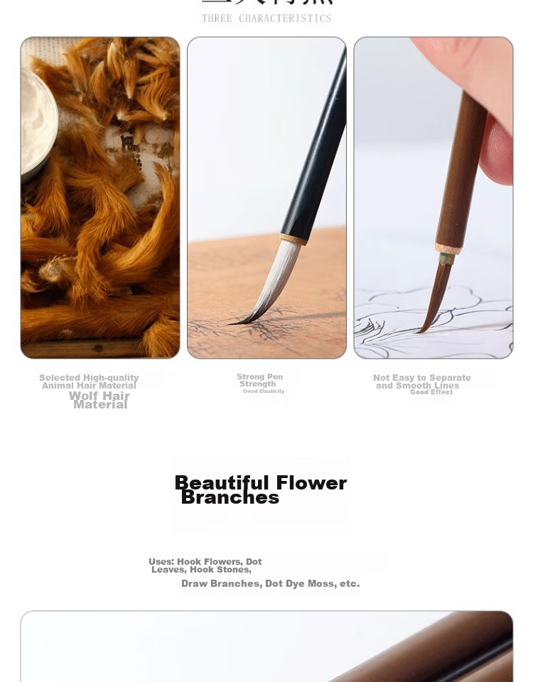 Yushuihu 3-Piece Set of Fine Brush Calligraphy Wolf Hair Brushes for Chinese Painting, Art-Specific Flower Branches And Outline Brushes, White-Style Drawing Brushes, Mouse Whisker And Wolf Sheep Hook Line Brushes with Fine Tips, Floral And Bird Painting Brush Set 5
