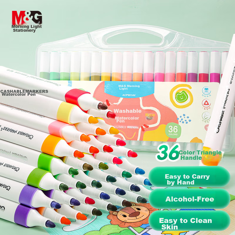 M&G Stationery, 36 Colors Washable Watercolor Pens, Children's Triangular Handle Face Paint Doodle Brushes, Student Art Supplies, Birthday Gift, ACP901AV