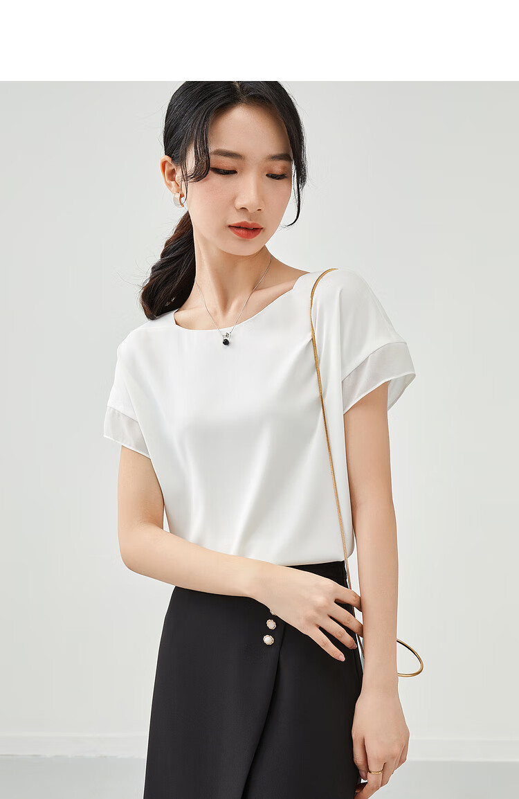 Sentubila Spliced Short-Sleeve Chiffon Blouse for Women, Slimming Tummy-Covering Top, Summer Lightweight Casual T-Shirt, Light Blue, S 25