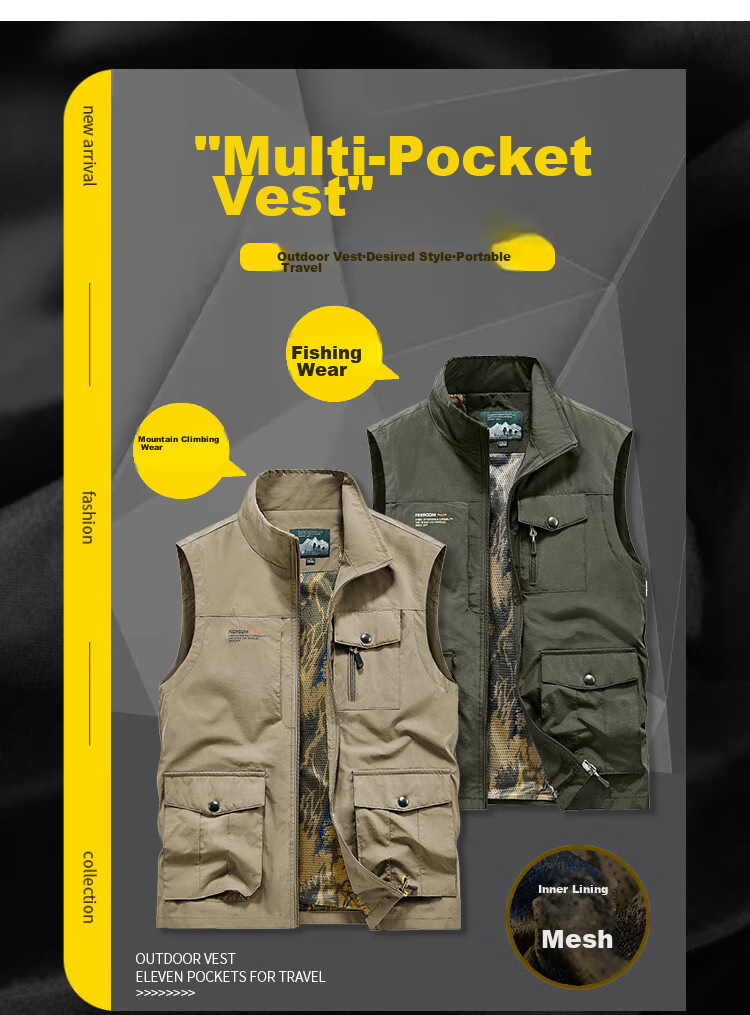 VANCAMEL Men's Vest, Outdoor Casual Multi-Pocket Sleeveless Waistcoat, Quick-Dry Loose Workwear Jacket, Khaki, XL 1