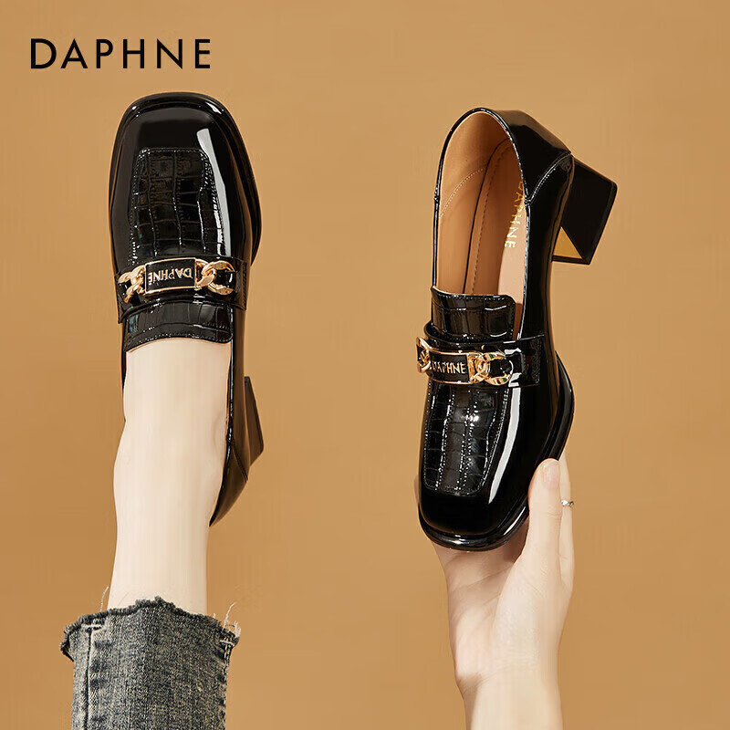 DAPHNE Women's Leather Shoes with Formal Dress, British Style, Chunky Mid-High Heel, Professional Work Business Shoes, Loafers, Women's Shoes 4622404047 Black 35