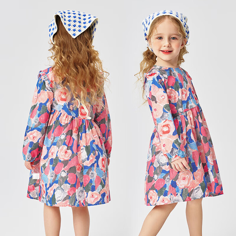 Classic Teddy Girls' Dress, Children's One-Piece Dress, Pure Cotton Princess Dress for Young Children, Floral Long Dress, Pink, Size 110