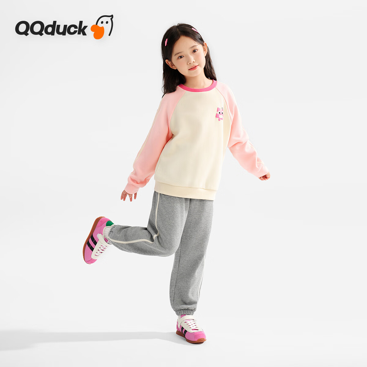 QQ DUCK Children's Clothing Set Girls' Sweatshirt And Sweatpants Student Sportswear Youth Outfit Puzzle Set Light Pink; 160