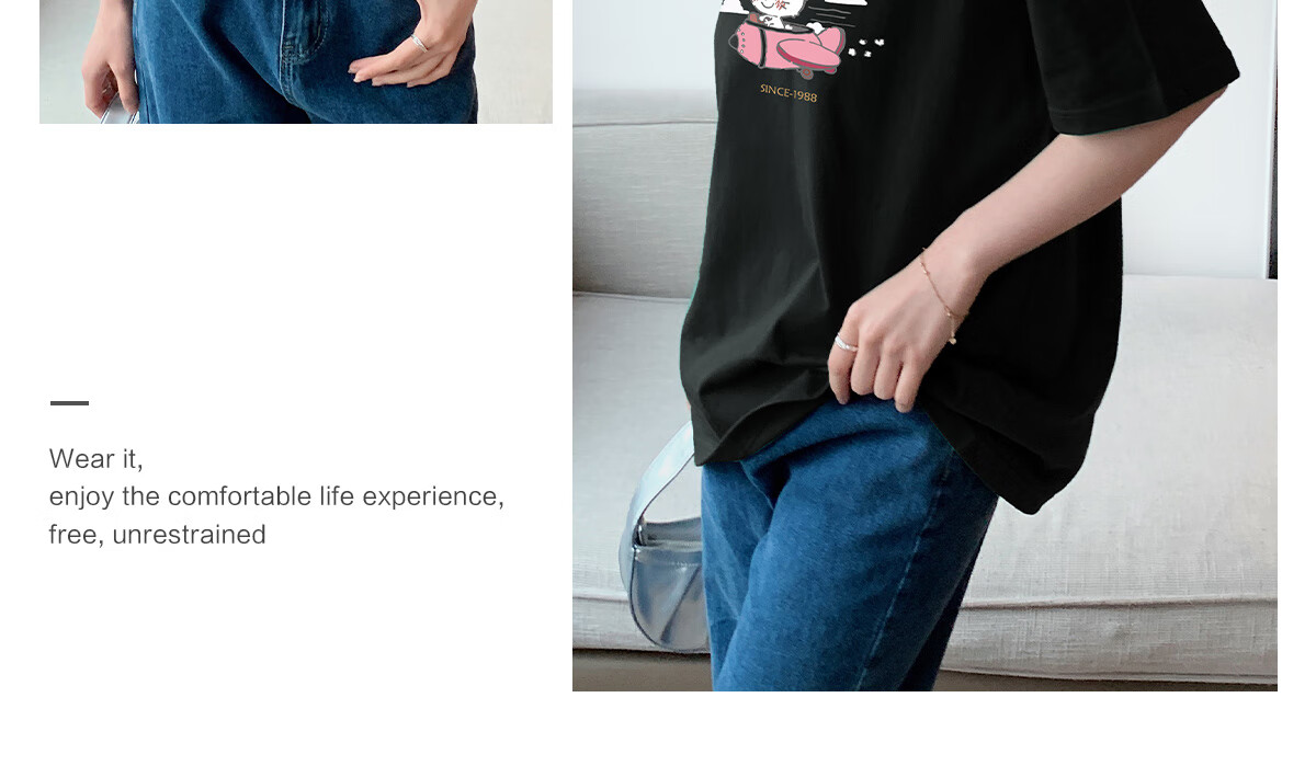 Halo Queen Women's Summer Short-Sleeve Round Neck T-Shirt, Cute Rabbit Print T-Shirt, Loose-Fitting Slimming Top, Women's H143T1417 29