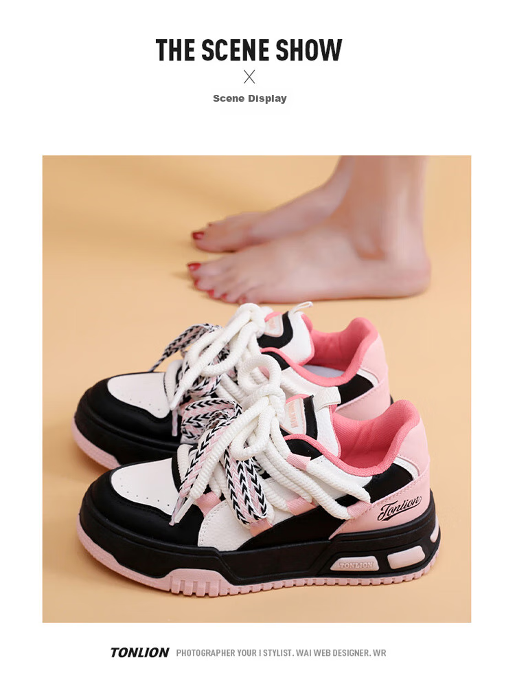 TonLion Women's Shoes, Spring And Summer 2026 Thick-Soled Sneakers, Ladies Casual Shoes, Versatile Sports Dad Shoes, White Black Pink, Size 37 11
