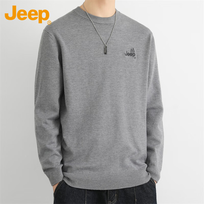 JEEP Sweater for Men, Autumn And Winter Round Neck Knit Pullover, Comfortable Warm Versatile Men's Top Base Layer, Dark Gray, M