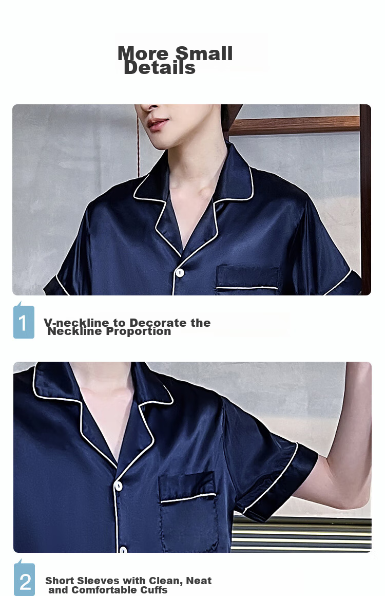 LangSha Men's Summer Pajamas, Ice Silk Short Sleeve Shorts Thin Faux Silk Home Wear Set 9