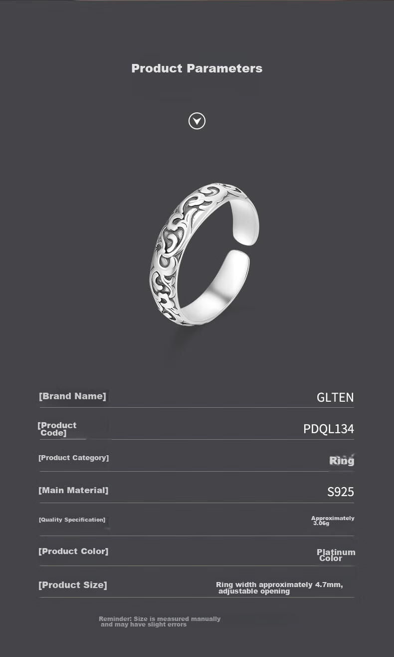 GLTEN Silver Ring for Men, Plain Band with Auspicious Cloud Design, Vintage Open Ring, Birthday Gift, Anniversary Present for Boyfriend Or Husband 10