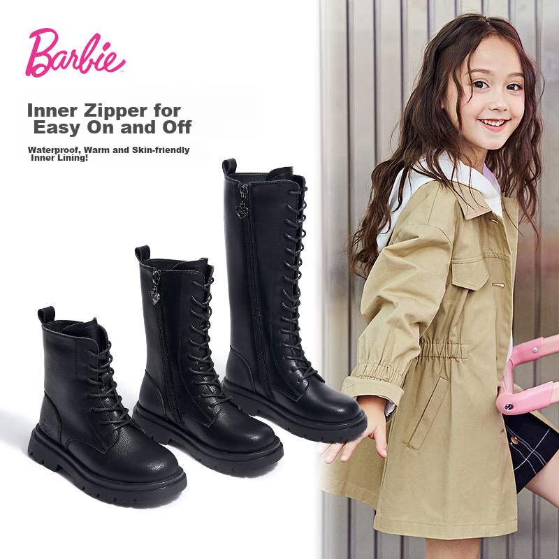 Barbie Girls' Spring And Autumn Martin Boots, Single-Lined Mid-Calf Leather Boots, Versatile Black Children's Boots DA6567 Black Size 35