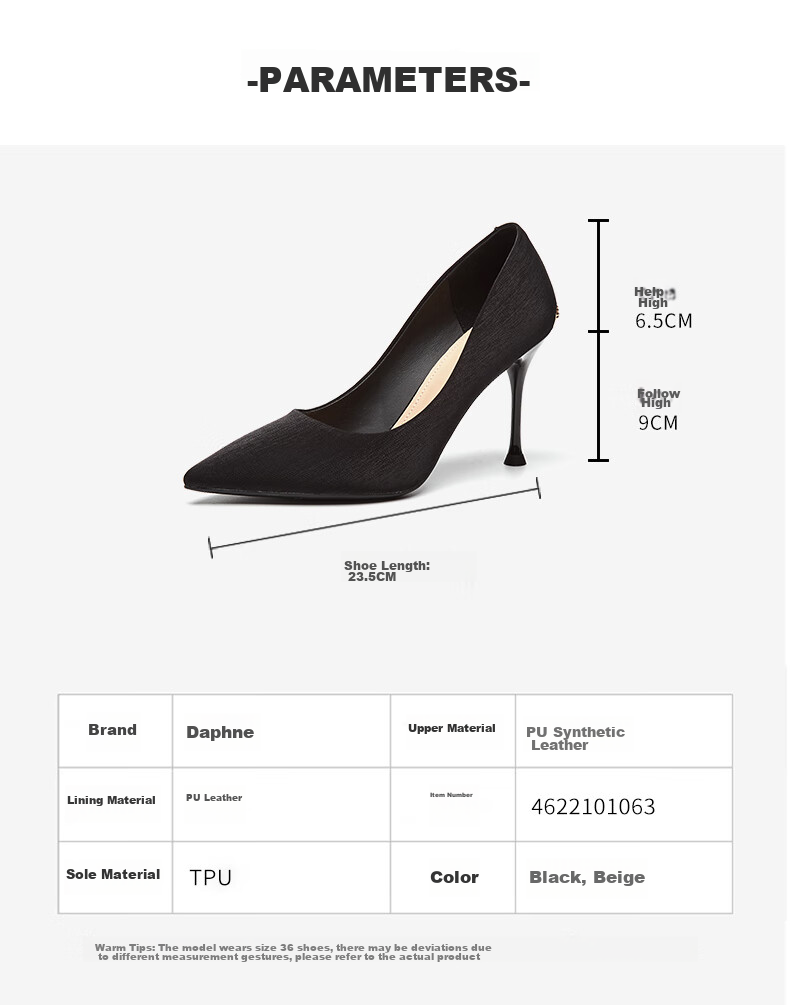 DAPHNE Women's High Heels, Black Pointed Toe Stilettos, Elegant Pumps, Professional Work Shoes, Height-Increasing Shallow Mouth Women's Shoes 4622101063 Black 36 2