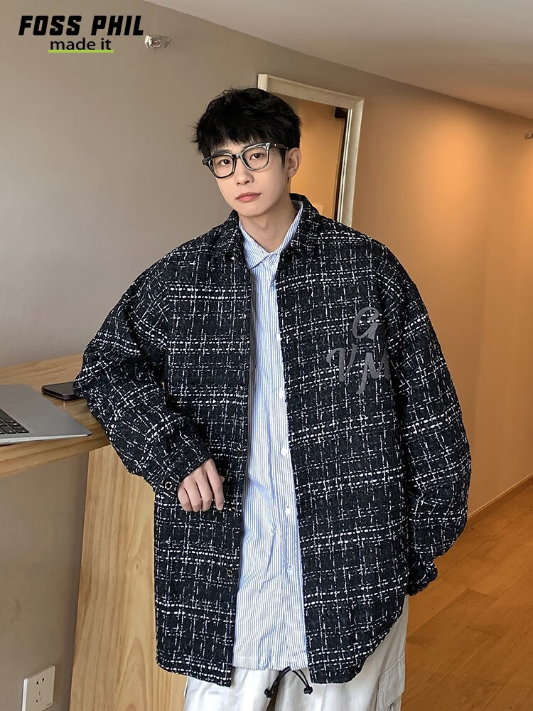 Foss Phil Men's Jacket, Spring And Autumn Fashion Brand Chanel-Style Coat, Plaid Lapel, Korean Version Loose Outerwear, FPJK10 Black M 4