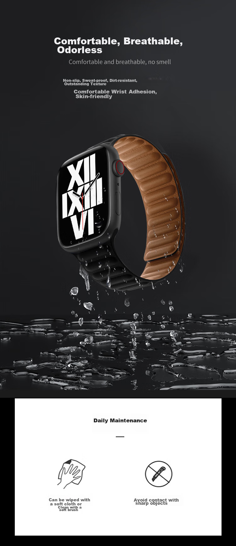 MSSM Leather Strap Compatible with Apple Watch S12/11/ultra4/S10/9/SE3, Magnetic Wristband [Deep Blue] 44-49mm 10