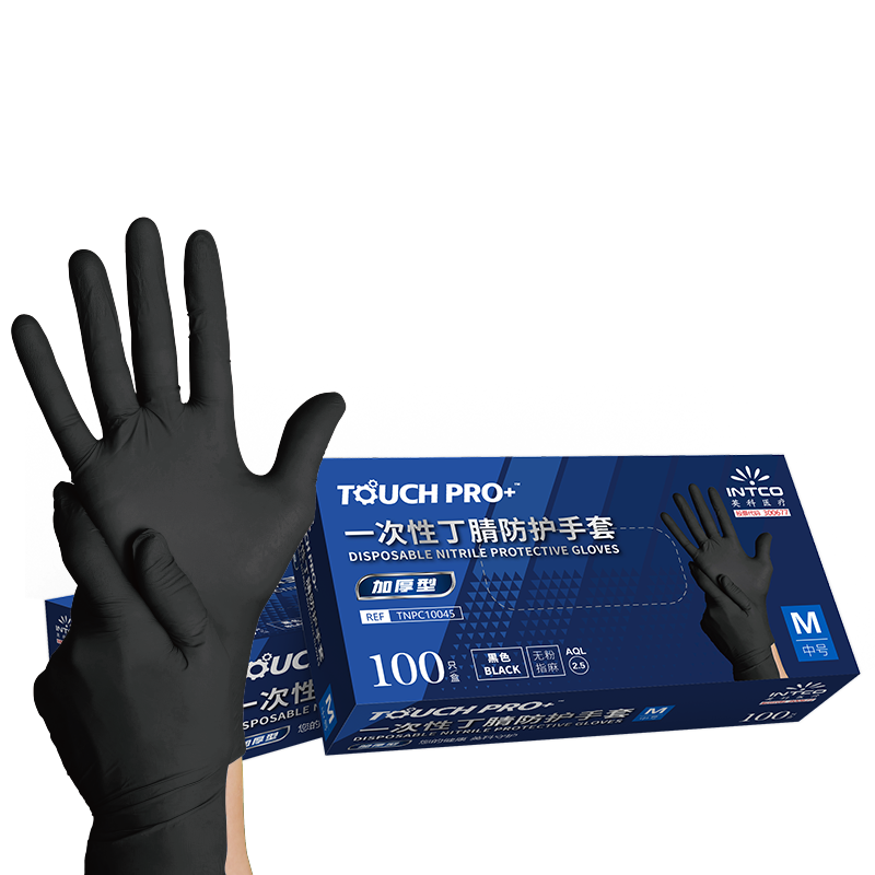 INTCO Disposable Nitrile Gloves, Touch Pro Black, Thickened Durable Work Gloves, 100 Pieces/box, Size M