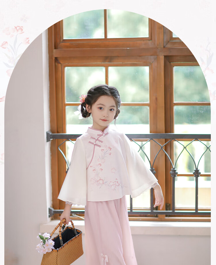 Qibo Hanfu Girls' Spring And Autumn 2026 Mid-Autumn Festival New Style Chinese-Style Tang Suit Children's Outfit Set, Floral Rain Pink, Size 140 8
