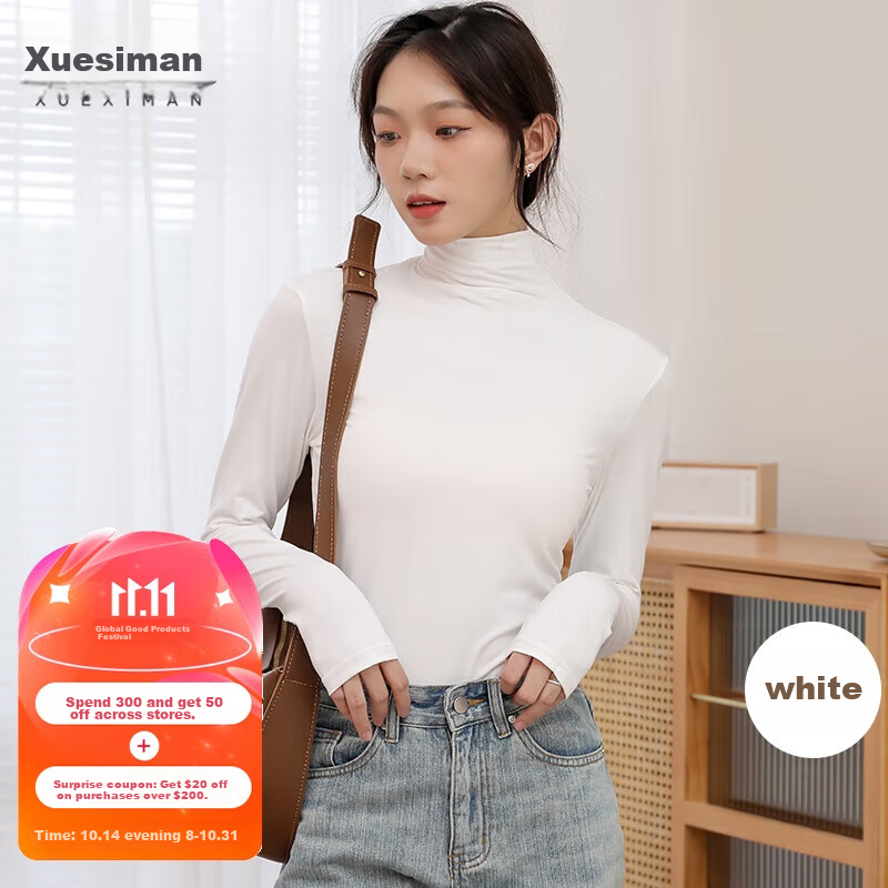 XUEXIMAN Women's Base Layer Top, Autumn And Winter Semi-Turtleneck Undershirt, High-Elastic Slim-Fit Inner Wear, Solid Color Versatile Long-Sleeve Undergarment