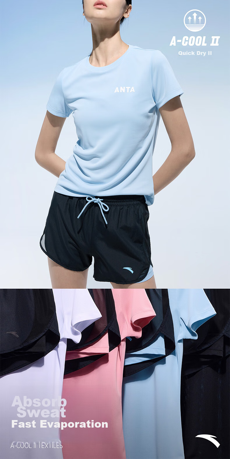 Anta Quick-Dry Sports Set | Women's Summer New Breathable Short Sleeve and Shorts Badminton Two-Piece Set with Anti-Exposure Design 15