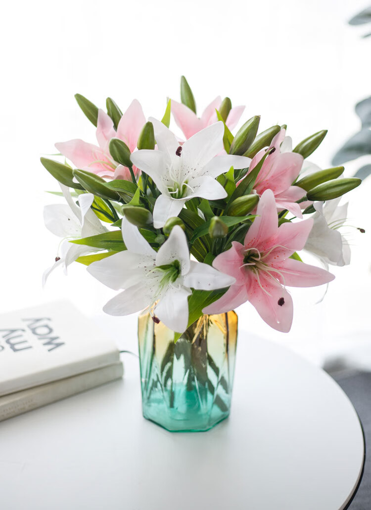 SUGER LOVE Nordic Style Multi-Head Lily Artificial Flower Bouquet, Living Room Decoration, Textured Silk Flowers, Fake Plants, Plastic Flowers 8