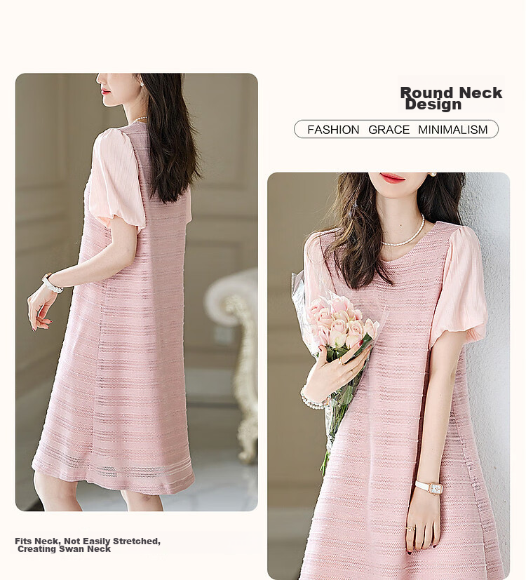 Dme [Atmospheric And Elegant Female Lead] Summer Round Neck Puff Sleeve Single-Button A-Line Dress Striped Patchwork Dress for Wome 6
