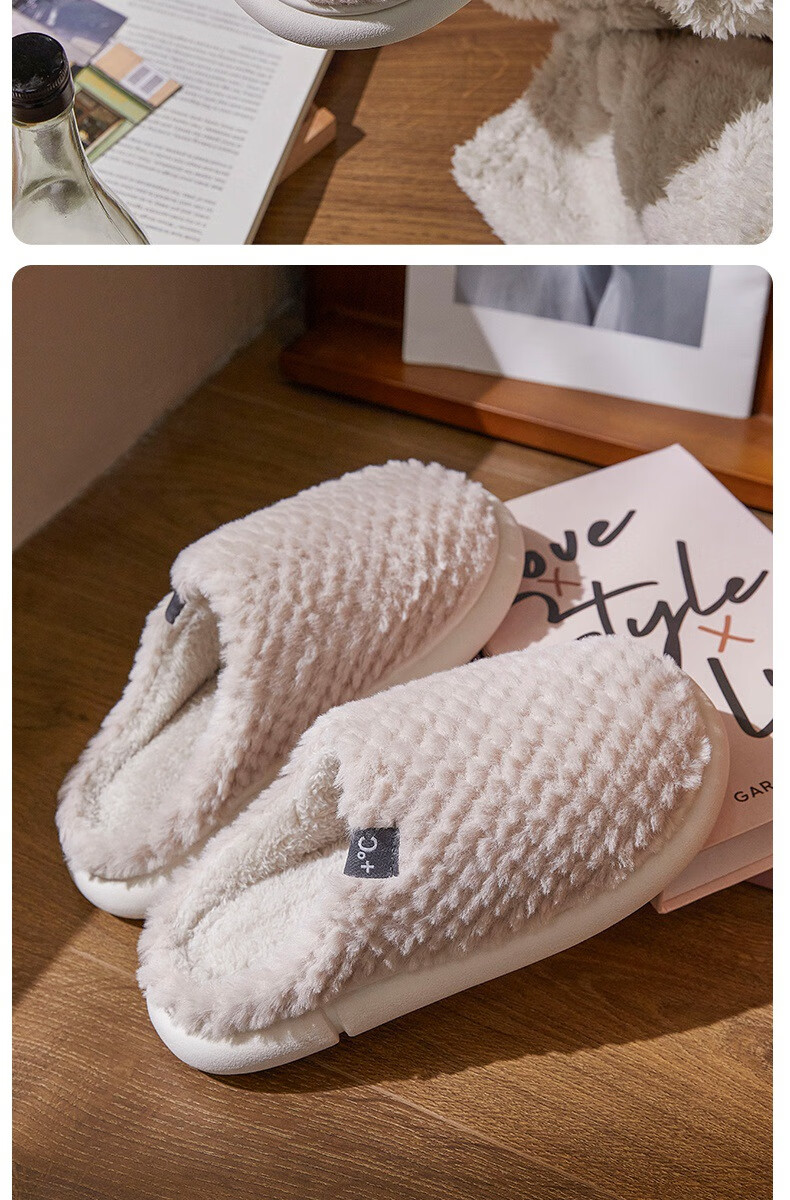 GUOLUOFEI Cotton Slippers, Men's Indoor Thick Warm Couple Thick-Soled Furry Slippers for Women, Beige, Size 36-37 15