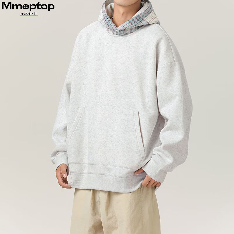 MMOPTOP American Retro Plaid Hoodie for Men, Spring And Autumn Season, Color Block Splicing Casual Top VE55162, Flax Gray, Size L