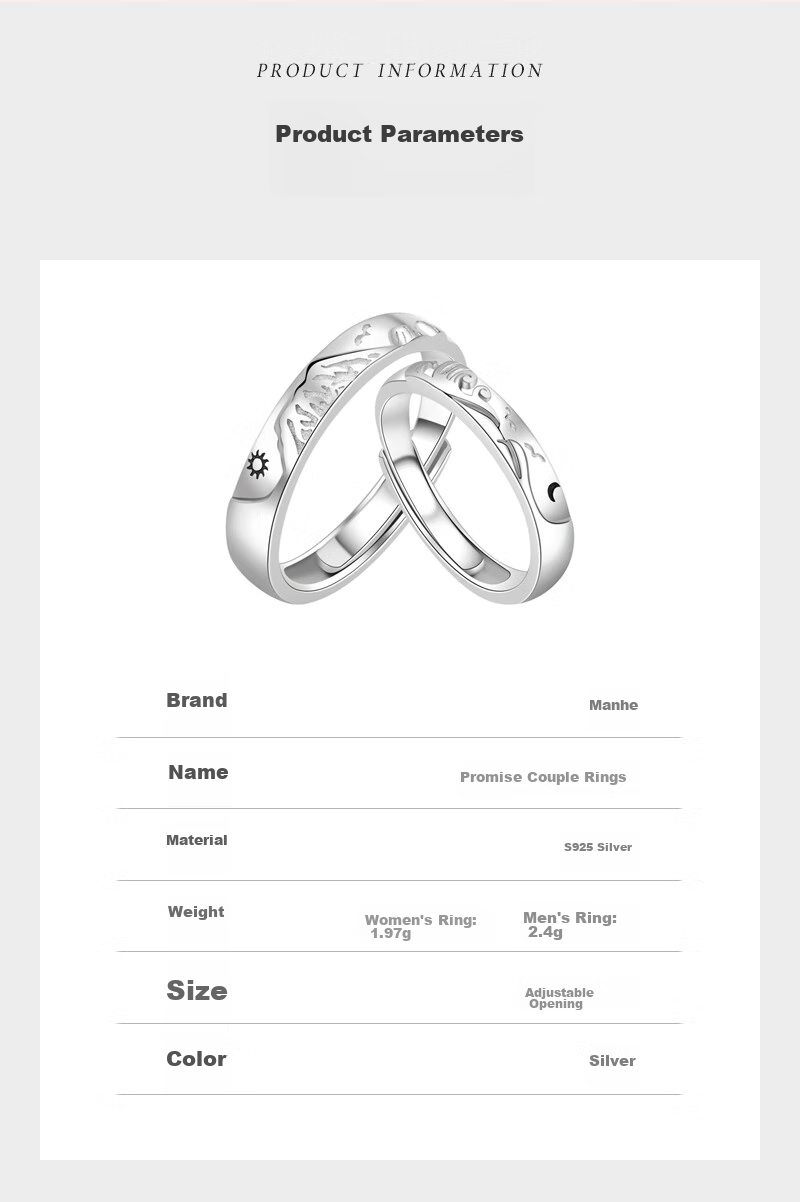 MANHE S925 Silver Ring, Couple Rings, One Pair of Engagement Diamond Rings, Open-End Style for Women And Men, End-Ring, Valentine's Day Gift 8
