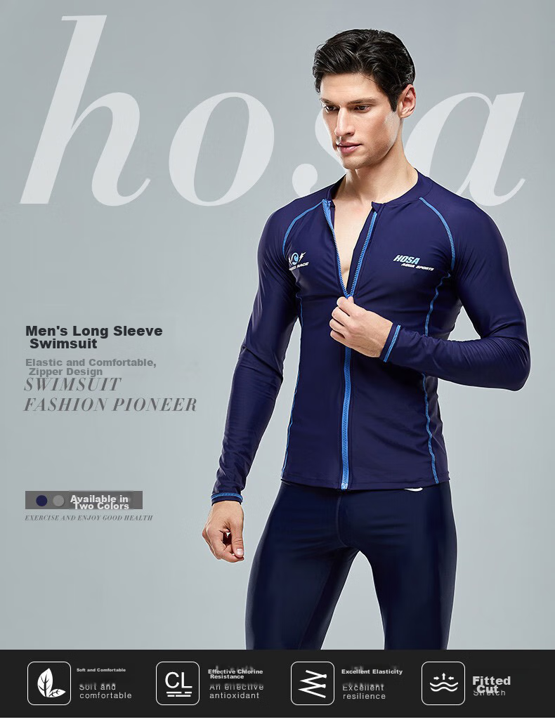 Hosa Men's Long-Sleeve Swimsuit, Beach Swimwear, Vacation Diving And Surfing Suit, Navy Blue Top, Size M 1