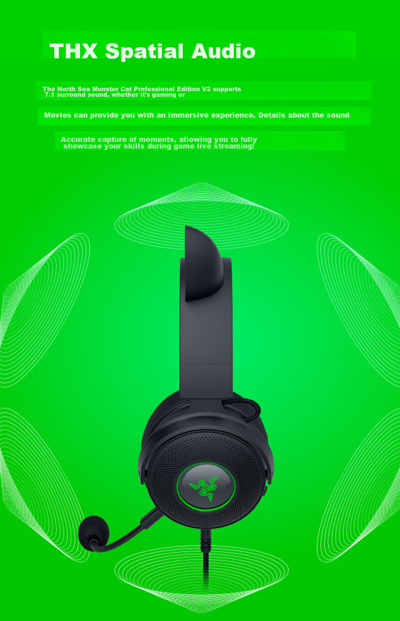 Razer Beihai Giant Monster Cute Cat Professional Edition V2 Wired Over-Ear Gaming Headset with Microphone, Popular Cat Ear Rabbit Ear Bear Ear RGB Lighting PUBG Essential Black 4
