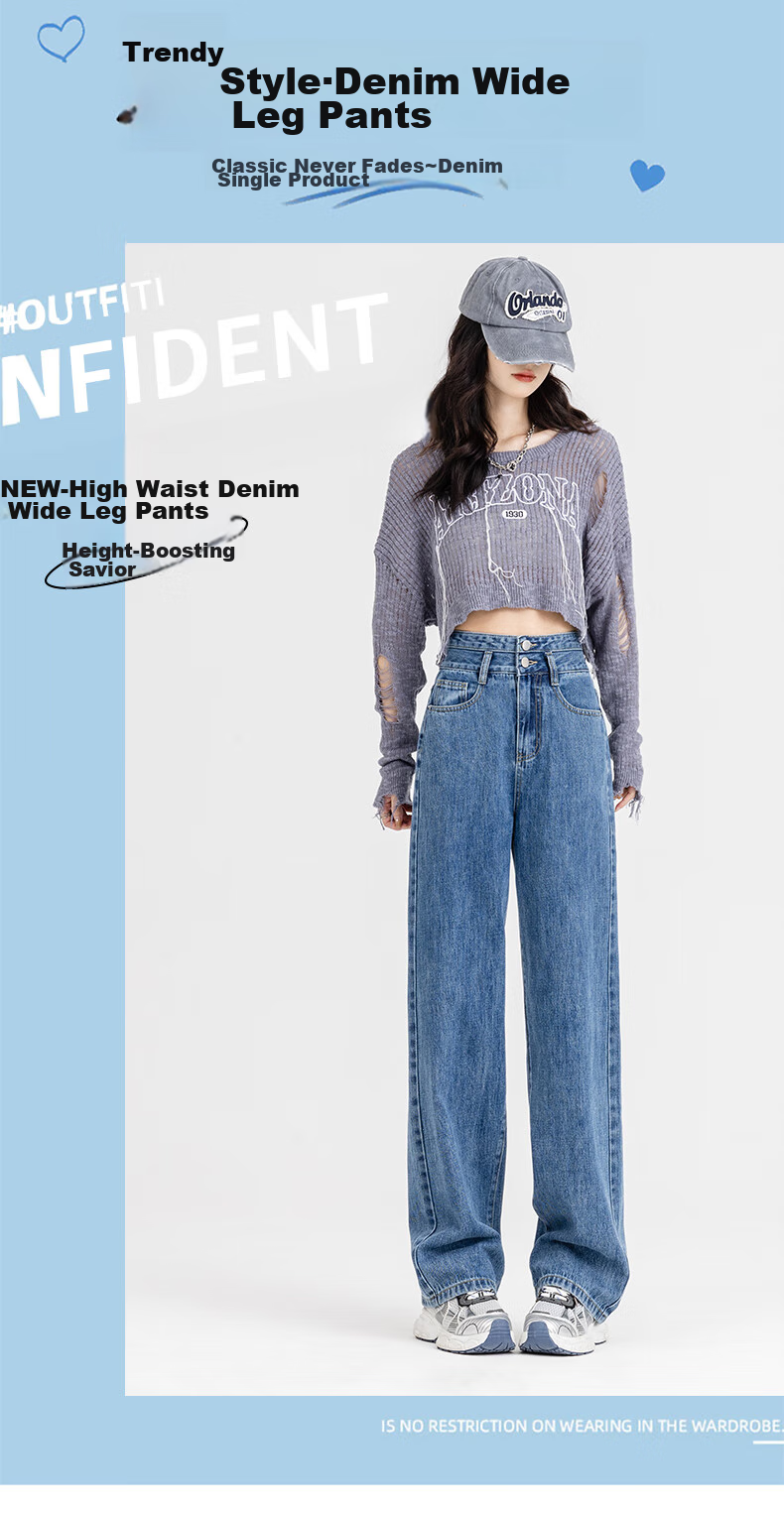 Jeanswest Women's High-Waisted Slimming Straight-Leg Wide-Leg Jeans with Design Flair, Summer Style, Light Blue, Size M 1