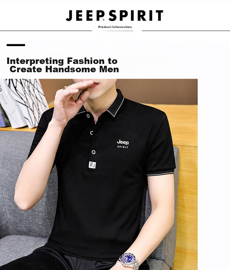 JEEP SPIRIT Men's Short-Sleeve T-Shirt, Summer POLO Shirt, Business Casual, Turn-Down Collar, Breathable, Slim Fit, Black, Size L 9