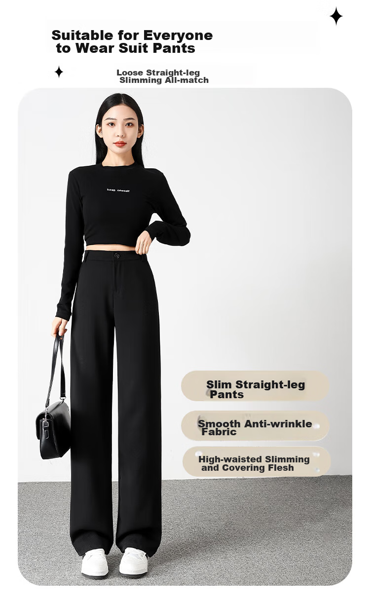 FitonTon Women's Suit Pants, Spring And Summer Slimming High-Waist Draping Floor-Length Trousers, Loose Straight-Leg Business Casual Wide-Leg Pants 1
