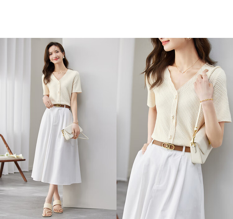 Sentubila Gentle V-Neck Pearl Button Short-Sleeve T-Shirt for Women, Summer Slimming Niche Design Top, Apricot Color, Size S 16
