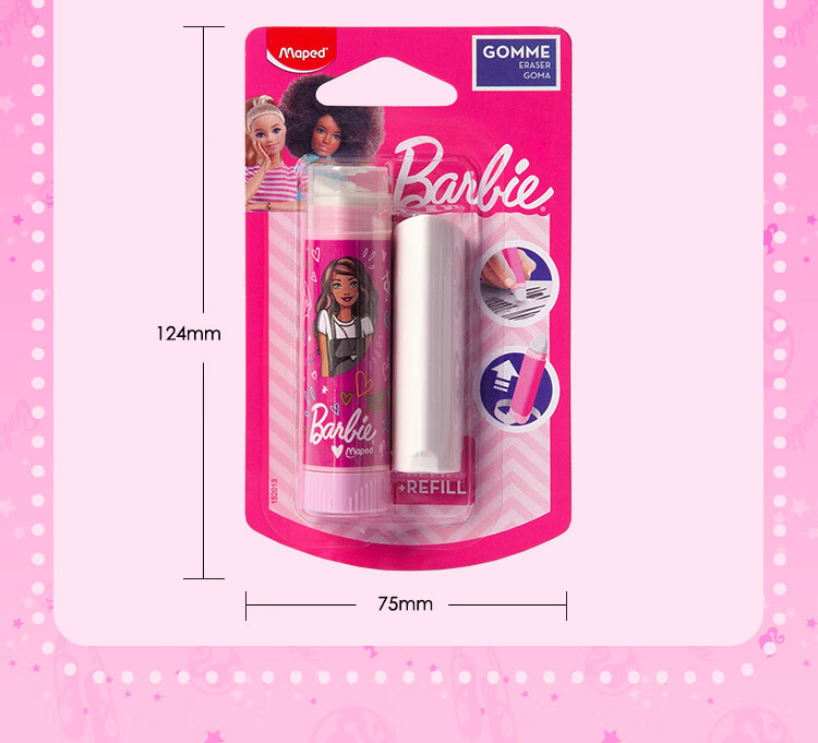 Maped Barbie Princess Lipstick Eraser, Children's Protective Cover Eraser, Dust-Free Clean, for Primary School Students, Non-Staining, Includes Replacement Core, Children's Day Gift, 152013CH 13
