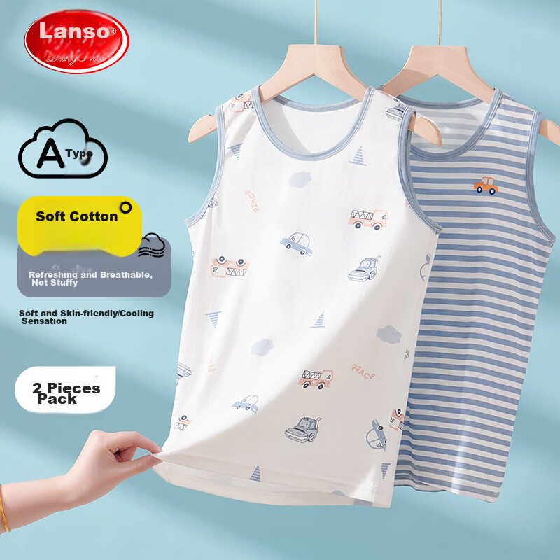 LangSha Children's Tank Top, Boys' Summer Thin Cotton Vest, Baby T-Shirt Undershirt, 2-Piece Set, White + Blue, Size 140