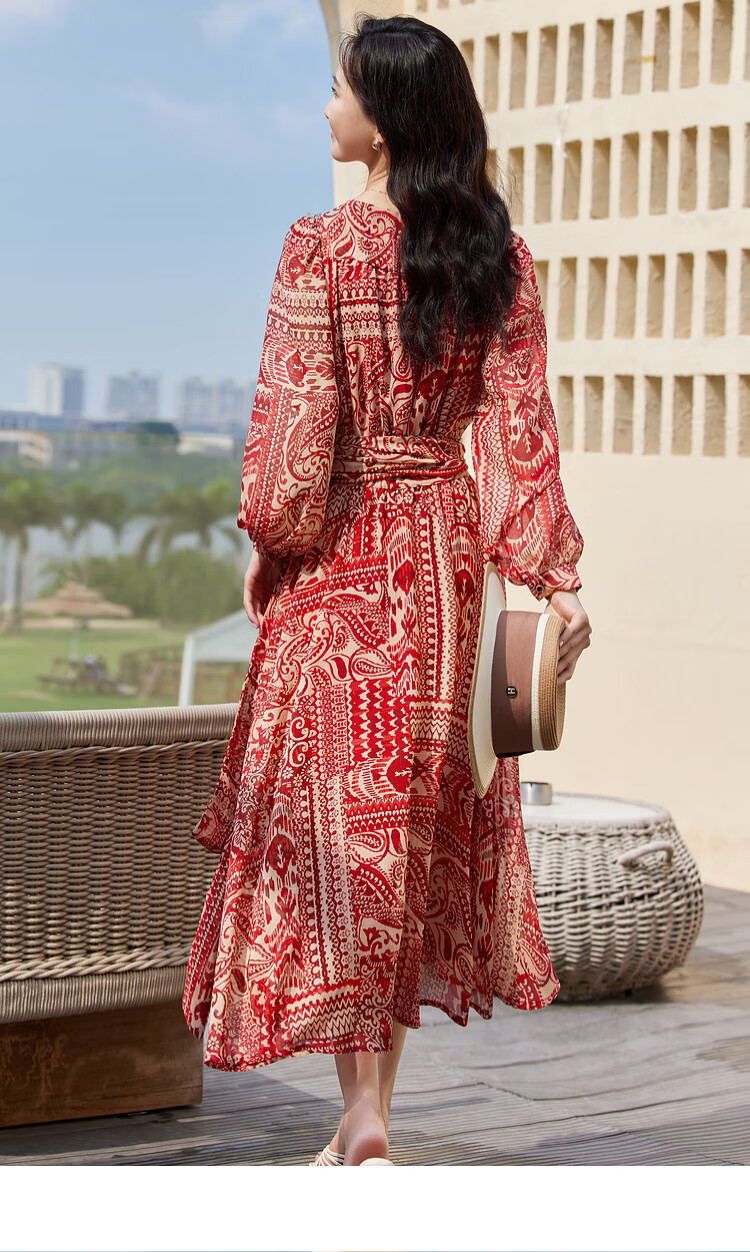 Sentubila Spring And Autumn Mid-Length Floral Print Red Dress, Elegant Goddess Style Slimming Vacation Dress, Red Floral Pattern, Size S 21