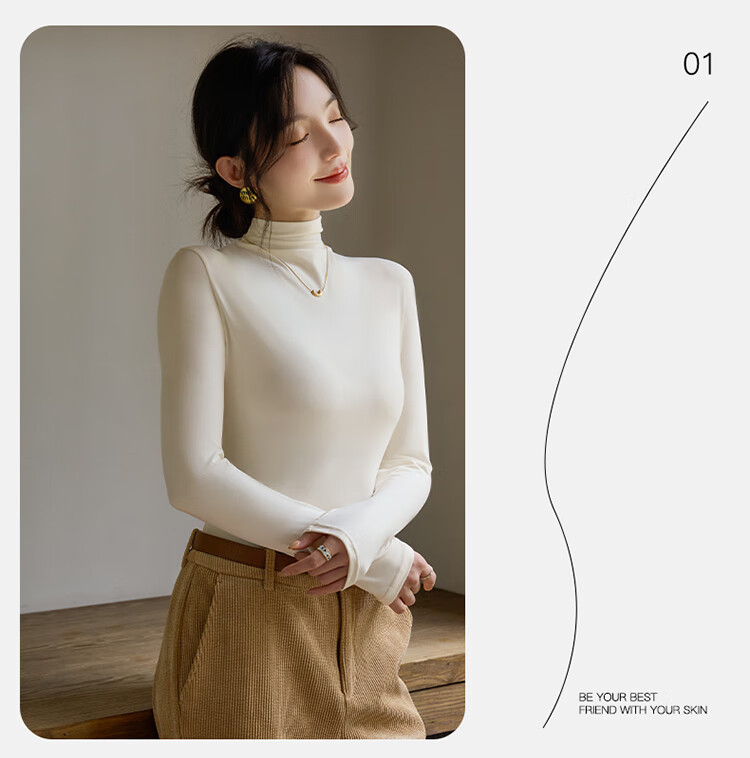 LangSha Turtleneck Base Layer for Women, Inner Wear, Warm, Form-Fitting, Spring And Summer, Antibacterial, Anti-Mite, Black Long-Sleeve T-Shirt, Brushed Warm Top 17