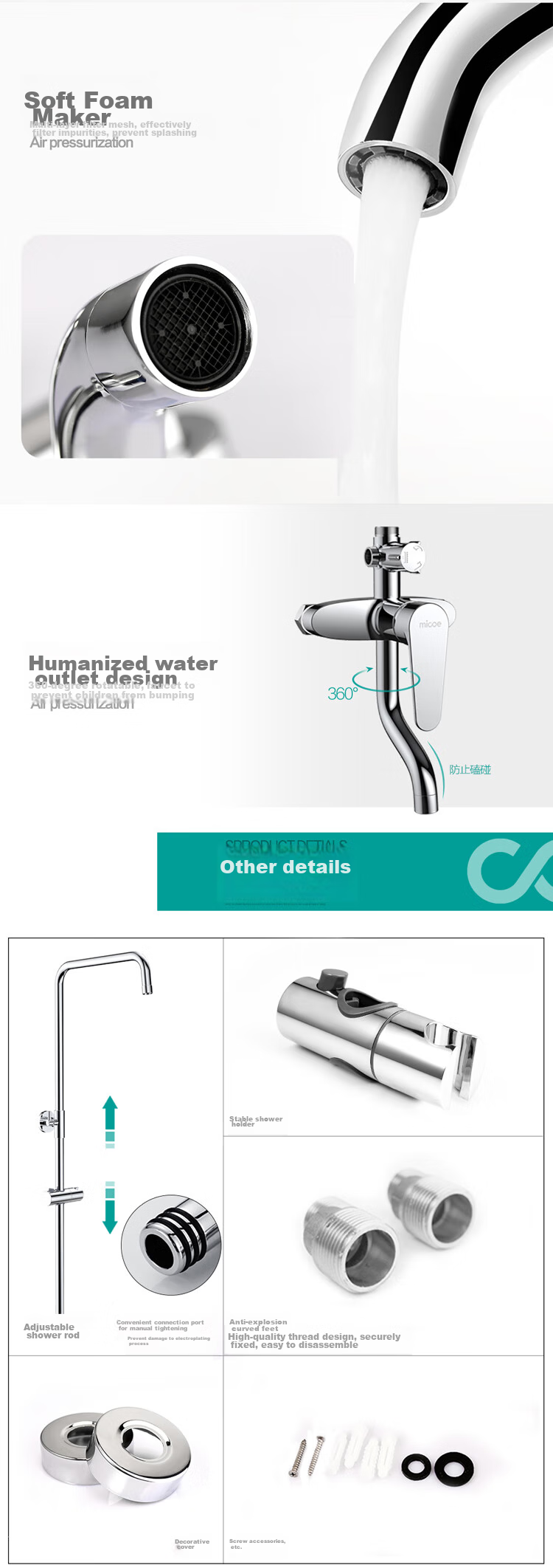 MICOE Shower Set Gun Gray Hot and Cold Shower Set Bathroom Pressurized Shower Head Full Set M-A130 15