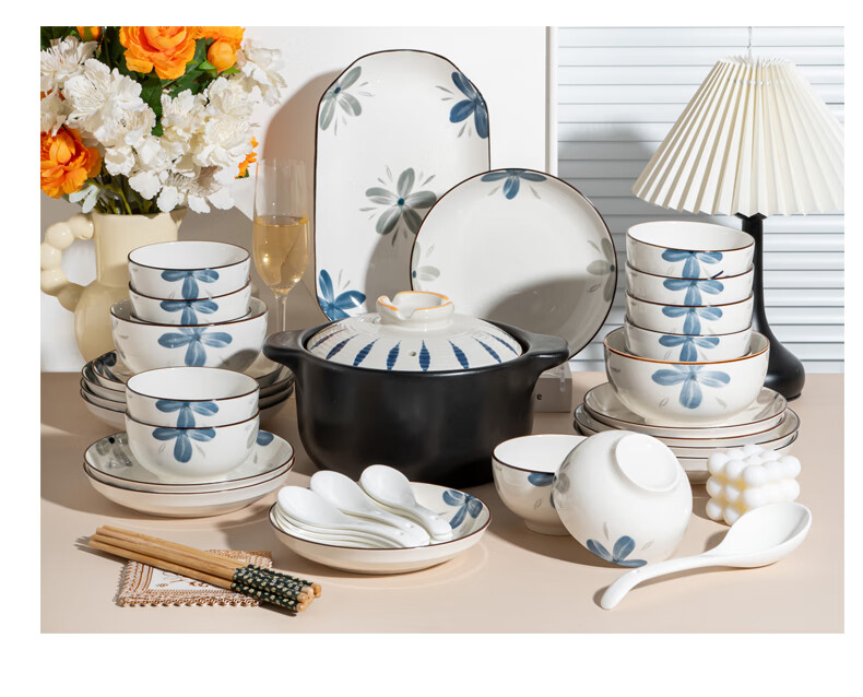 KANGQIN Underglaze Color High-Quality Tableware Set, Housewarming Bowl Plate And Dish Set, Home Use, Mole 12-Person Dining Set, Upgraded Casserole Gift Box 8