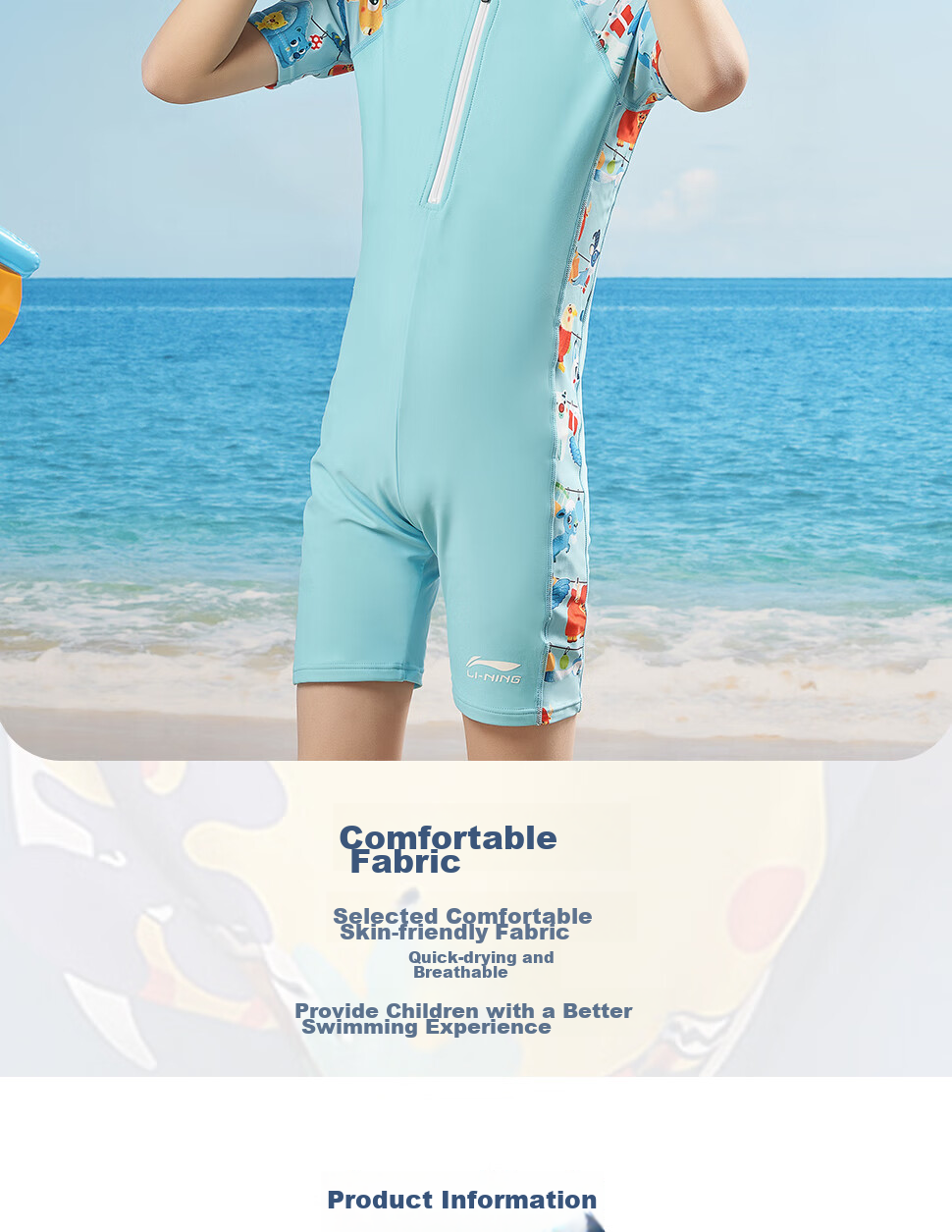 Li-Ning Children's Swimsuit, Boys' One-Piece Swimwear, Square-Leg Short-Sleeve Swimming Training Suit, 720 Blue, Size 160 7