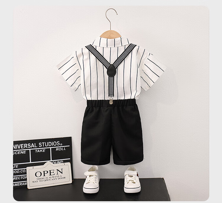 LUOBOBEIBEI Boys' Formal Wear Summer Casual Shirt And Suspender Shorts Set Birthday Host Performance Outfit Shirt Four-Piece Set 150 4