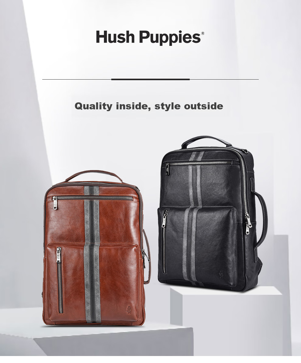 Hush Puppies Leather Backpack for Men, Large Capacity Multifunctional Laptop Bag, 15.6-Inch Travel Business Birthday Gift 1