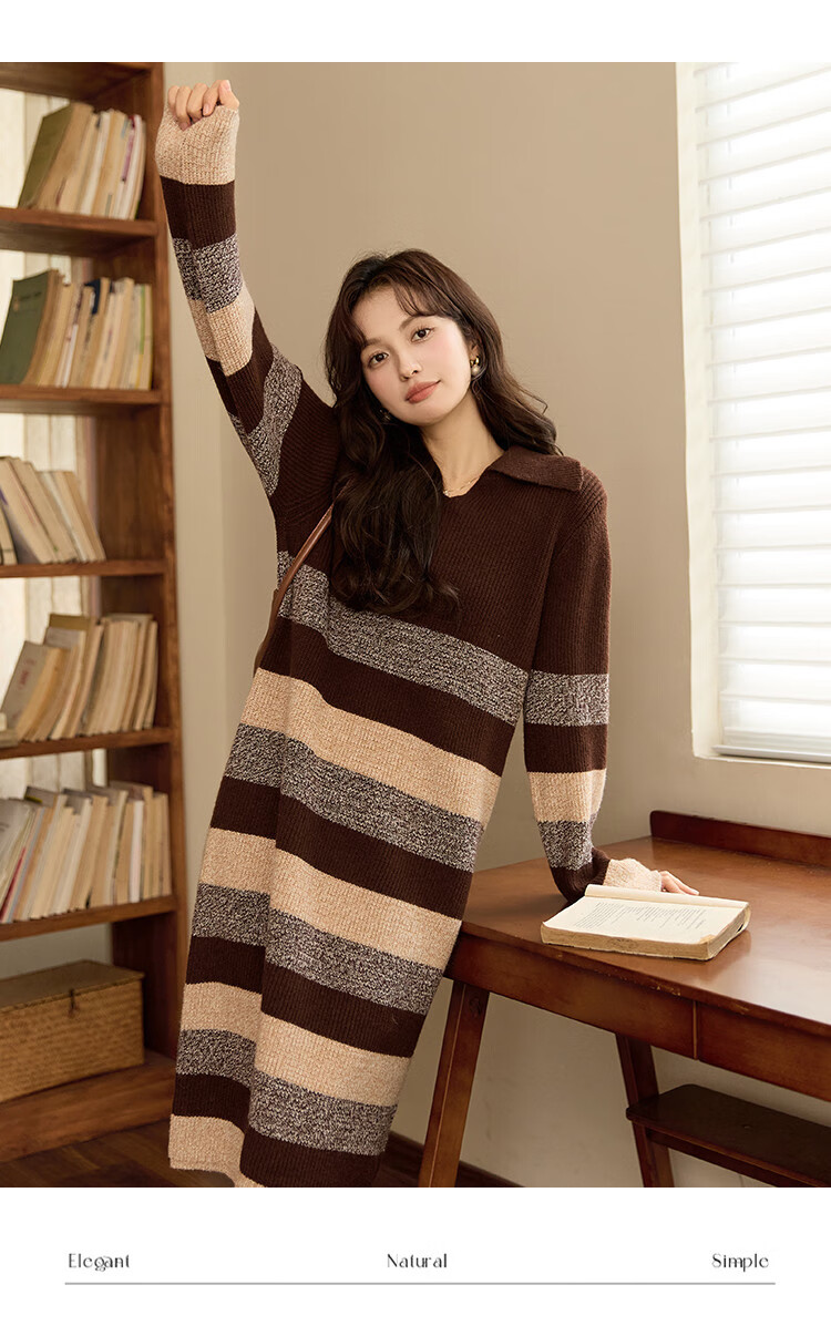 Dme Meilad Style Autumn And Winter Knitted Striped Straight Dress, Gentle And Sweet, Slimming And Youthful Women's Dress, Dark Coffee, S 6