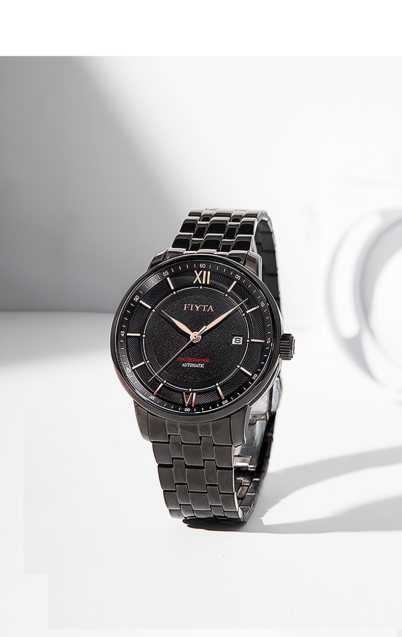 飞亚达(fiyta)手表 摄影师系列自动机械日历黑盘黑钢带 酷黑时尚男表